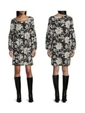 Bryn Walker Lantern
Dress Black Floral Ponte Knit Puff Long Sleeve Med NWT